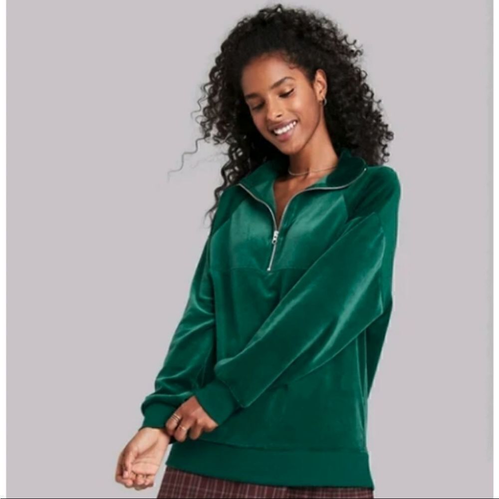 Wild Fable Women's Quarter Zip Velour Tunic Pullover Sweatshirt Green NWT